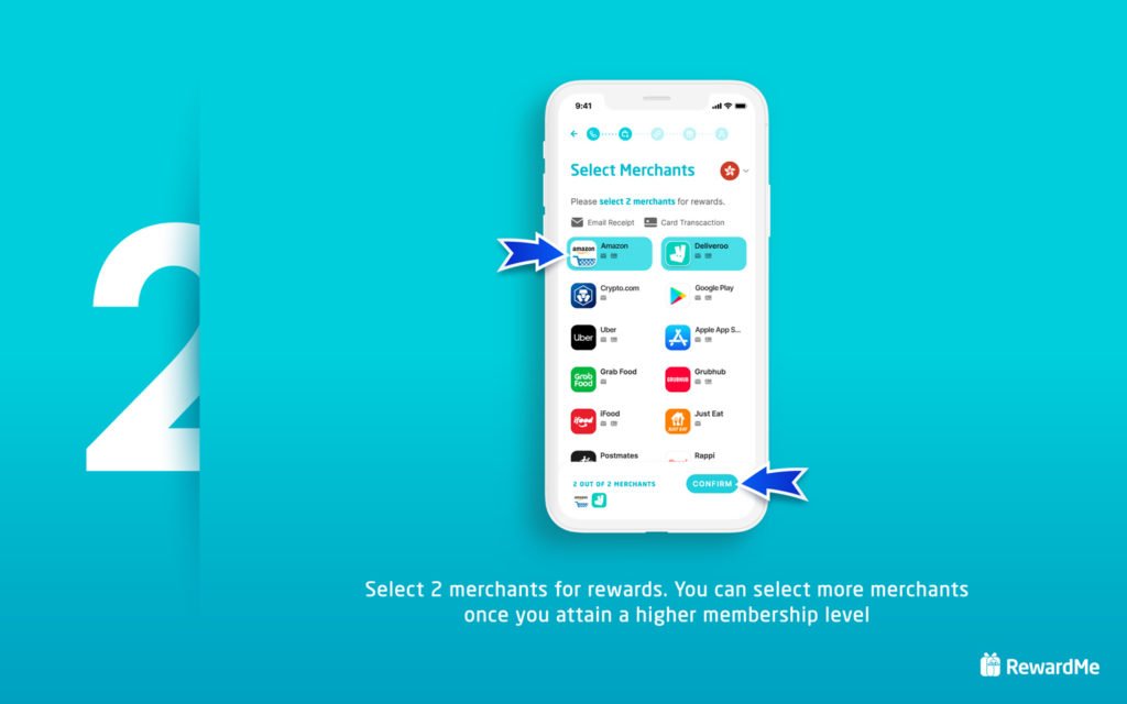 RewardMe - select favorite merchants to earn cashback rewards